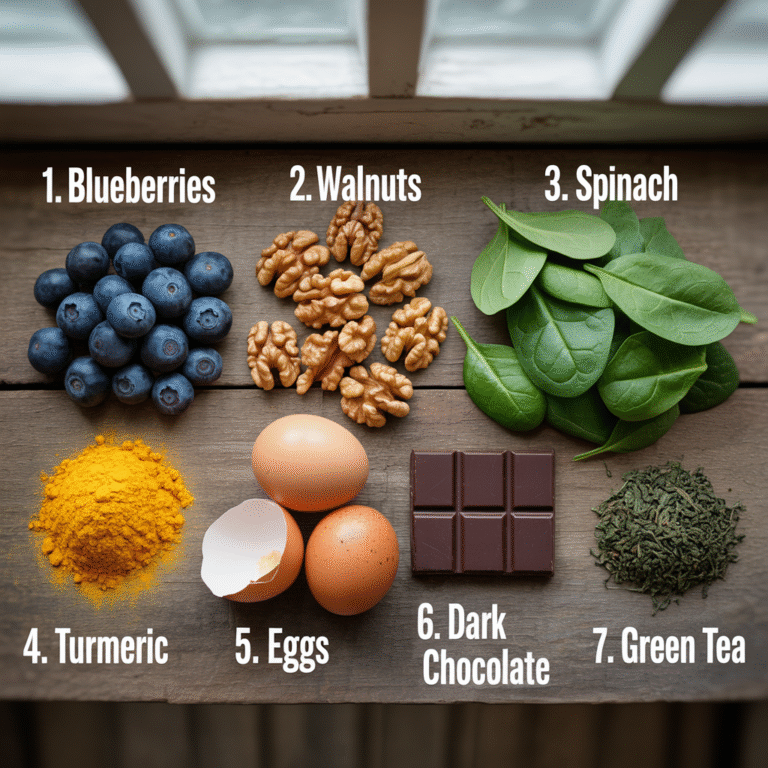 A colorful assortment of superfoods including fresh blueberries, a handful of walnuts, vibrant green spinach leaves, bright yellow turmeric powder, whole eggs, a piece of dark chocolate, and a steaming cup of green tea