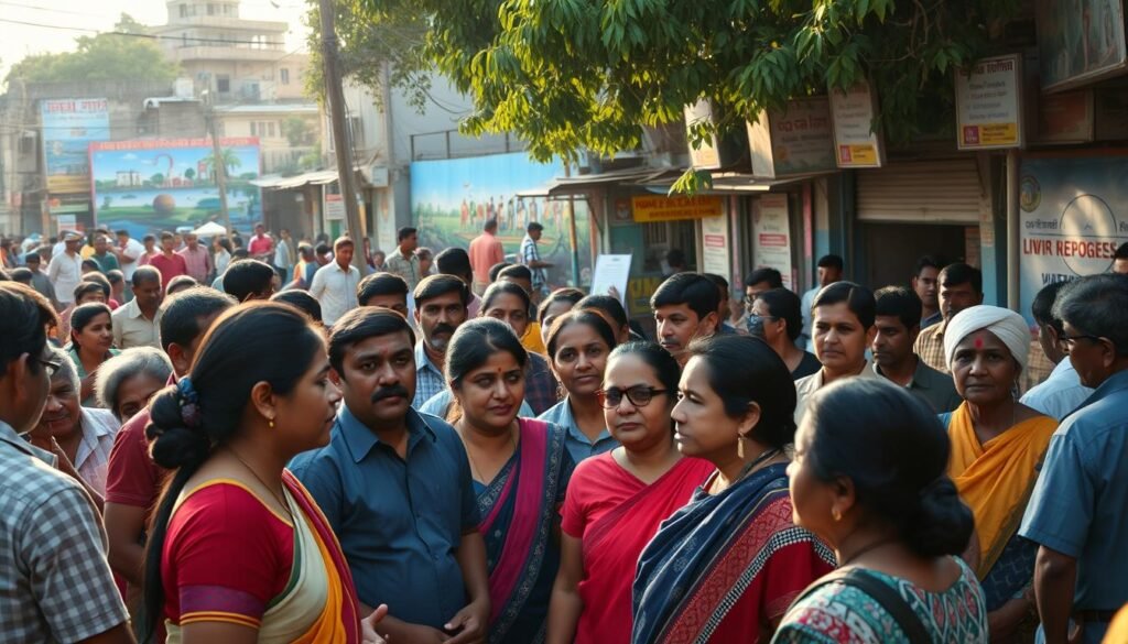 A bustling street in Jalgaon, Maharashtra, as grassroots activists gather to champion local reforms. In the foreground, a group of diverse community members animatedly discuss plans, their faces alight with determination. The middle ground showcases vibrant murals depicting scenes of civic progress, while the background reveals a hive of activity - residents attending town hall meetings, organizing rallies, and engaging with local officials. Warm afternoon light filters through the scene, casting a glow of optimism. The composition captures the energy and momentum of this burgeoning movement for positive change at the community level.