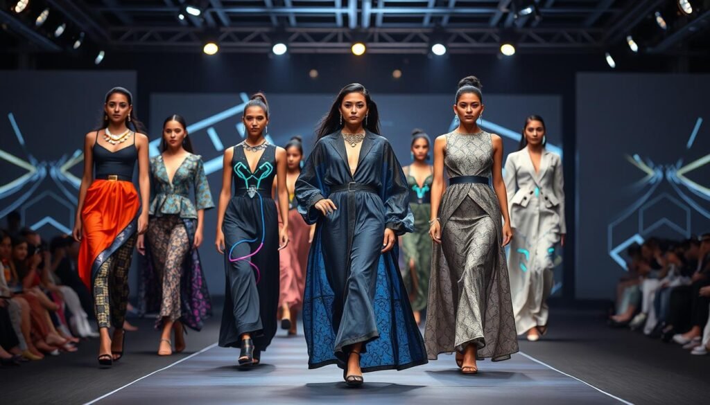 A captivating fashion runway showcasing the evolution of Indian design in 2025. In the foreground, models confidently strut, donning futuristic garments that seamlessly blend traditional craftsmanship with cutting-edge materials and silhouettes. The middle ground features innovative accessories, from holographic jewelry to smart fabrics that change color and pattern. In the background, a sleek, minimalist stage set with dynamic lighting accentuates the forward-thinking aesthetic. The overall scene exudes a sense of excitement and wonder, hinting at the boundless creativity and technological advancements that will shape the future of Indian fashion.