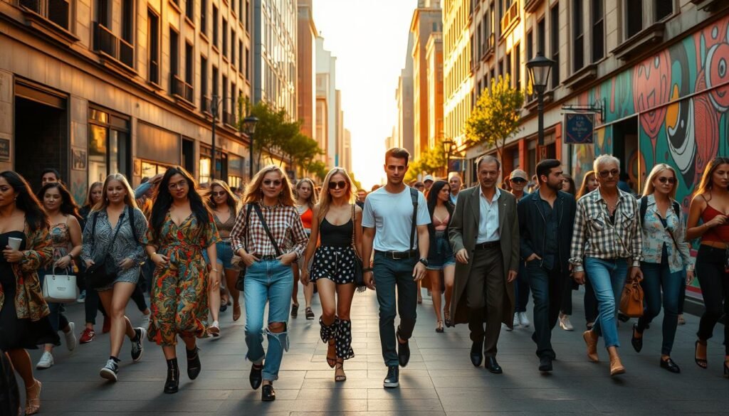 A crowded city street, bathed in the warm glow of golden hour. Fashionable individuals stride by, their eclectic outfits capturing the essence of modern street style. In the foreground, a group of friends pose for an impromptu photoshoot, their stylish ensembles a mix of bold prints, oversized silhouettes, and statement accessories. In the middle ground, a trendy couple strolls hand-in-hand, their outfits evoking a effortless, minimalist aesthetic. In the background, a vibrant mural serves as a backdrop, its vibrant colors and abstract patterns complementing the stylish crowd. The scene exudes a sense of youthful energy and urban cool, showcasing the latest Instagram-worthy fashion trends.