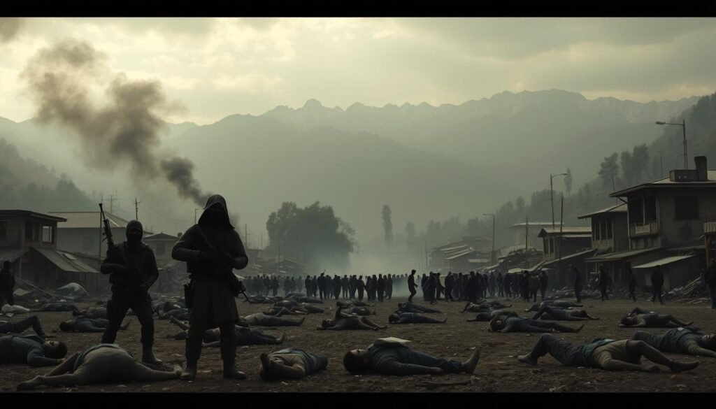 A dark, ominous scene unfolds in the picturesque town of Pahalgam. The serene landscape is marred by plumes of smoke, buildings reduced to rubble, and the lifeless bodies of innocent civilians scattered across the ground. In the foreground, a group of heavily armed, masked assailants stand amidst the carnage, their weapons drawn, their faces shrouded in shadow. The middle ground is a chaotic blur of panic and desperation, as terrified locals flee the chaos. In the background, the majestic Himalayas loom, their once-tranquil presence now a mocking contrast to the horror unfolding below. The image is bathed in a somber, desaturated color palette, capturing the weighted grief and despair of this tragic event. The overall tone is one of profound sorrow and a grim, unyielding determination to seek justice.