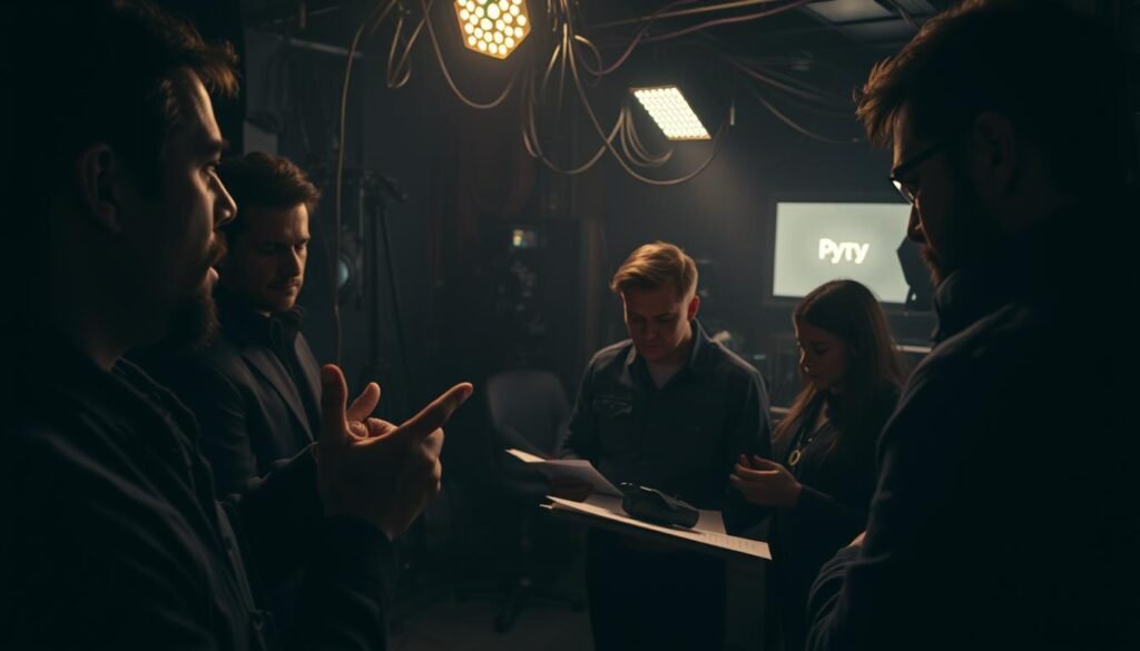 A dimly lit film studio, shadows cast across the faces of a diverse group of filmmakers engaged in intense discussion. In the foreground, a director gestures emphatically, brow furrowed, grappling with the ethical implications of their latest VFX-driven scene. In the middle ground, a producer nervously consults notes, weighing artistic vision against moral responsibility. The background is filled with a tangled web of cables, camera equipment, and the faint glow of computer screens, hinting at the technological complexity underlying their creative decisions. The atmosphere is pensive, the mood somber, as the team navigates the uncharted territory of AI-empowered filmmaking.