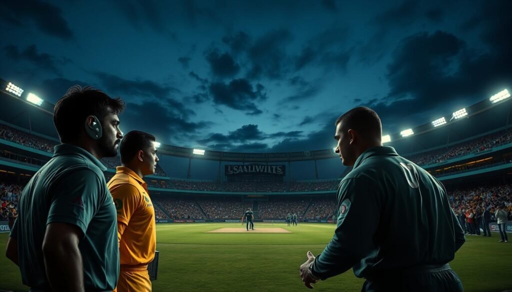 A dramatic cricket stadium at twilight, the pitch aglow with the intensity of a crucial World Cup match. In the foreground, two opposing teams locked in a tense standoff, their expressions etched with determination. Captured in a cinematic wide-angle lens, the background reveals the roaring crowd, their cheers and applause building to a crescendo. Dramatic chiaroscuro lighting casts long shadows, heightening the sense of high stakes and pivotal moments. The image conveys the spirit of an underdog triumph, a turning point that forever changed the course of the sport.