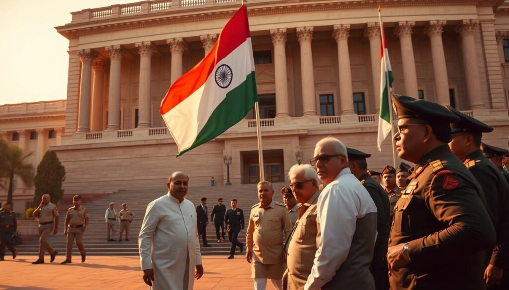 A grand governmental building stands tall, its neoclassical architecture exuding a sense of authority and power. Uniformed officials swiftly enter and exit, conveying the urgency of the national response. In the foreground, a group of politicians and military leaders convene, their expressions grave as they deliberate strategies. The scene is bathed in a warm, golden light, hinting at the gravity of the situation. In the background, a large Indian flag waves proudly, symbolizing the unity and resolve of the nation. The overall atmosphere is one of determination and resolve, reflecting the government's unwavering commitment to protect its citizens.