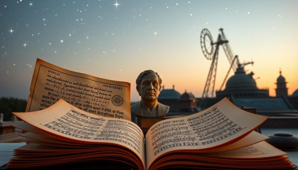 A grand mathematical treatise, Brahmagupta's iconic contributions float in a halo of starry splendor. In the foreground, his elegant Sanskrit manuscripts unfurl, revealing groundbreaking theorems on quadrilaterals, arithmetic, and the solution of algebraic equations. Ethereal algorithms dance across the pages, as if animated by an unseen hand. In the middle ground, a bust of the sage philosopher gazes contemplatively, his tranquil expression belying the revolutionary impact of his work. The background scene depicts an ancient Indian observatory, its towering astronomical instruments silhouetted against a twilight sky, a testament to the profound insights Brahmagupta unveiled about the heavens. Soft, diffuse lighting imbues the scene with a sense of timeless reverence, honoring this forgotten genius of Indian science.