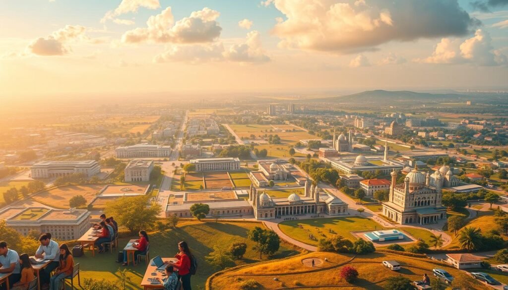 A grand, sweeping landscape showcasing the transformative vision of India's National Education Policy 2020. In the foreground, a vibrant collage of modern classrooms, digital learning tools, and engaged students. The middle ground features state-of-the-art university campuses, research labs, and vocational training centers. In the background, a panoramic view of bustling cities, verdant countryside, and diverse communities, all connected by a network of quality educational institutions. Warm, diffused lighting casts an aspirational glow, while a wide-angle lens captures the ambitious scale of this educational revolution. The overall mood is one of progress, inclusivity, and a nation poised to harness the power of knowledge for a brighter future.
