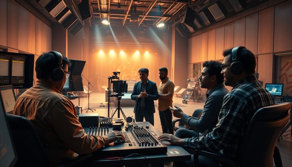 A hyper-realistic cinematic scene of AI-powered dubbing technology in action. In the foreground, a team of technicians and voice artists work in a state-of-the-art recording studio, precisely synchronizing computer-generated dialogue with the on-screen performances. In the middle ground, a director and producer review the footage, marveling at the seamless integration of AI-generated voices. The background showcases a large, futuristic film set, bathed in warm, cinematic lighting, hinting at the transformative power of this technology in Indian cinema.