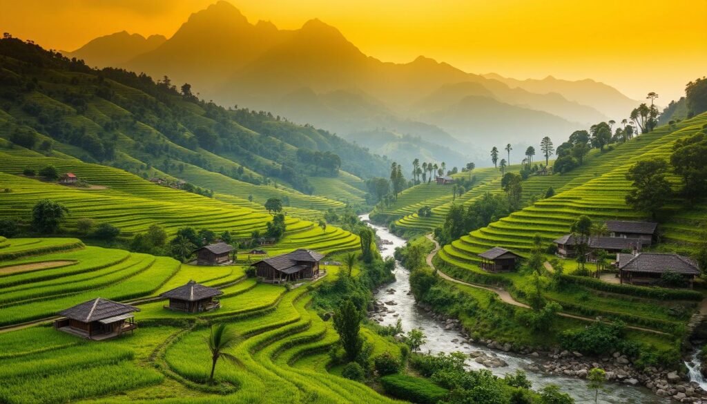 A lush, verdant landscape unfolds in the Ziro Valley, where rolling hills dotted with vibrant rice paddies stretch out beneath a warm, golden-hued sky. Thatched-roof houses and traditional bamboo structures nestle amidst the verdant foliage, blending seamlessly with the natural surroundings. A gently flowing river winds its way through the valley, its crystalline waters reflecting the towering peaks that rise in the distance, shrouded in a soft, hazy mist. The scene exudes a serene, timeless quality, capturing the essence of the region's rich cultural heritage and its harmonious coexistence with the breathtaking wilderness.