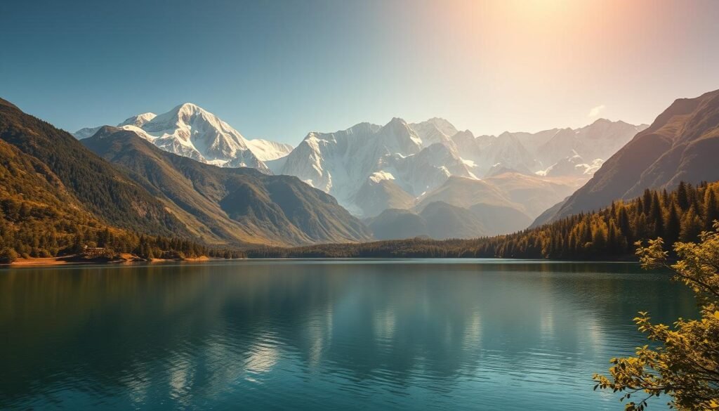 A majestic, unspoiled landscape of India's natural beauty unfolds before the viewer. In the foreground, a serene lake reflects the towering, snow-capped Himalayan peaks that rise majestically in the background, bathed in warm, golden sunlight. Lush, verdant forests line the shores, their vibrant greens contrasting with the azure sky above. The scene radiates a sense of tranquility and timelessness, inviting the viewer to pause and immerse themselves in the breathtaking splendor of India's hidden natural wonders. Crisp, realistic details are captured through a wide-angle lens, creating a panoramic, cinematic composition that showcases the awe-inspiring scale and grandeur of this enchanting, off-the-beaten-path destination.