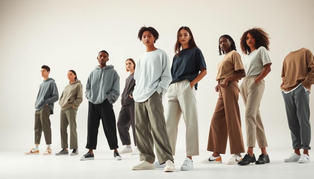 A minimalist yet stylish fashion scene showcasing gender-neutral clothing trends. The foreground features a diverse group of models wearing a range of casual, androgynous outfits - relaxed hoodies, oversized tees, wide-leg pants, and sleek sneakers in muted tones. The middle ground captures a clean, airy studio setting with soft, diffused lighting casting gentle shadows. The background fades into a plain, off-white backdrop, allowing the clothing and models to take center stage. The overall mood is one of modern, inclusive style that transcends traditional gender boundaries.