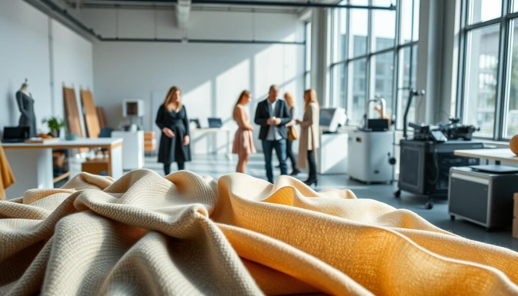 A sleek, minimalist studio setting with natural lighting pouring in through large windows. In the foreground, an artfully arranged display showcases various sustainable fabric swatches and samples, their textures and weaves reflecting innovative techniques. In the middle ground, a team of fashion designers and textile engineers examines the materials, discussing their eco-friendly properties and potential applications. The background features state-of-the-art digital fabrication equipment, 3D printers, and other tools of the sustainable fashion revolution. The overall mood is one of forward-thinking creativity, environmental consciousness, and a commitment to pushing the boundaries of what's possible in the world of ethical, innovative textiles.