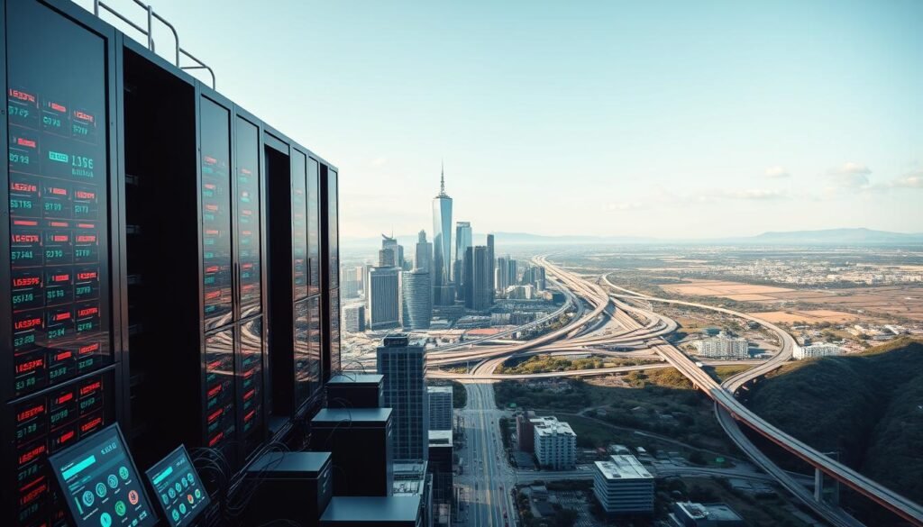 A sleek, modern data center surrounded by a vibrant digital landscape. In the foreground, a network of interconnected devices and screens display real-time financial data and transactions. The middle ground features a bustling city skyline, with towering skyscrapers and criss-crossing highways of fiber-optic cables. In the background, a serene landscape of rolling hills and a cloudless sky, symbolizing the seamless integration of digital infrastructure and financial inclusion. Crisp, high-contrast lighting with a warm, optimistic tone. Shot with a wide-angle lens to capture the grand scale and interconnectedness of India's digital economy.