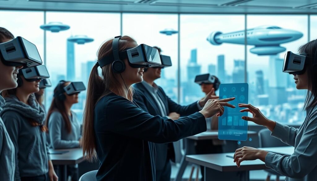 A sleek, modern virtual reality classroom with seamless integration of digital technologies. The foreground features students immersed in VR headsets, their expressions animated as they explore interactive learning environments. In the middle ground, the teacher guides the class, their hands deftly manipulating a holographic control panel. The background showcases a panoramic view of a futuristic cityscape, with gleaming skyscrapers and hovering transport pods, conveying a sense of technological advancement. Soft, diffused lighting illuminates the scene, creating a serene, focused atmosphere conducive to innovative education. The overall composition suggests a harmonious fusion of physical and digital realms, where the classroom of the future has arrived.