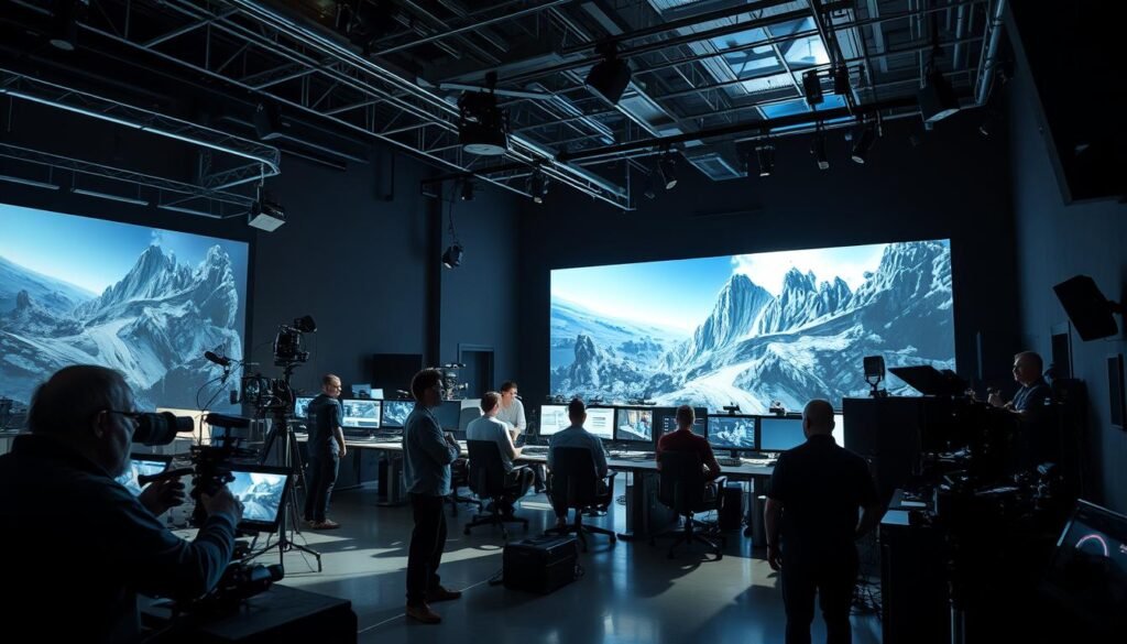 A state-of-the-art visual effects studio, filled with a array of high-tech equipment and digital workstations. In the foreground, a cinematographer directs a motion capture session, surrounded by a maze of cameras and sensors. In the middle ground, a team of VFX artists scrutinize 3D models and CGI elements on their sleek, high-resolution displays. The background is dominated by a massive projection screen, showcasing a breathtaking, photorealistic digital environment - a testament to the power of modern filmmaking technology. Dramatic lighting casts sharp shadows, creating a moody, cinematic atmosphere. The overall scene conveys the scale, complexity and innovative spirit at the heart of contemporary visual effects in cinema.