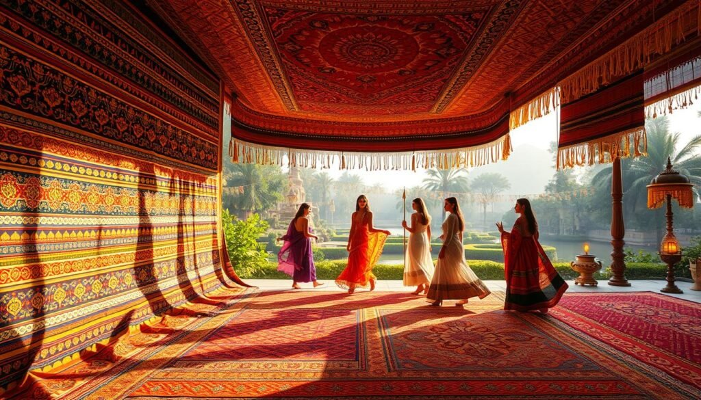 A vibrant display of India's rich textile heritage, showcasing a stunning array of regional weaves in a captivating and immersive scene. In the foreground, intricate patterns and vibrant colors dance across a grand tapestry, its intricate threads woven with the stories of generations of artisans. In the middle ground, a group of models showcase the garments, their movements graceful and fluid, as they bring the textiles to life. The background is a serene, sun-dappled landscape, with lush greenery and the soft glow of traditional lamps, creating a sense of timelessness and cultural celebration. The lighting is warm and inviting, casting a gentle, golden hue over the entire scene, evoking the rich, vibrant spirit of India's enduring textile traditions.