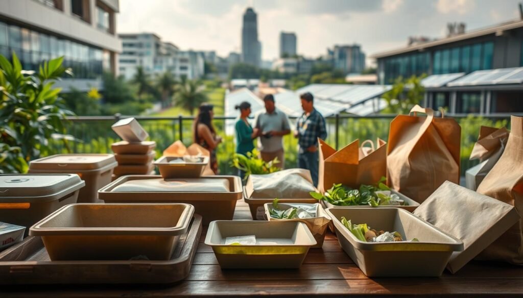 A vibrant, eco-friendly scene showcasing the latest biodegradable packaging trends in India. In the foreground, an assortment of sustainable containers, trays, and bags made from renewable materials like bamboo, sugarcane, and recycled paper. Soft, natural lighting illuminates their organic textures and muted earth-tone colors. In the middle ground, a group of people examining the packaging, discussing its features and benefits. In the background, a modern urban landscape with green spaces and solar panels, symbolizing India's shift towards a sustainable future. The overall mood is one of optimism, innovation, and environmental consciousness.