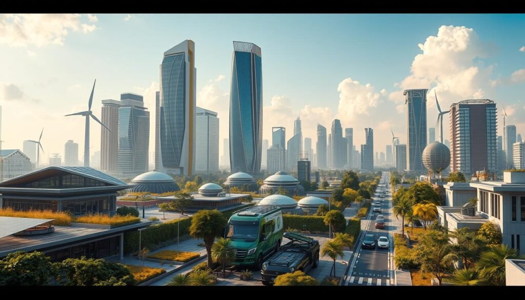 A vibrant, futuristic cityscape showcasing the innovative circular economy business models driving India's new green economy. In the foreground, a bustling hub of renewable energy technologies, recycling centers, and upcycling workshops. In the middle ground, modern eco-friendly buildings with integrated waste management systems and urban gardens. In the background, a skyline of gleaming skyscrapers powered by solar panels and wind turbines, with autonomous electric vehicles navigating the streets below. The scene is bathed in a warm, golden light, conveying a sense of progress, sustainability, and prosperity. Detailed, hyper-realistic, cinematic, Unreal Engine, 8K resolution.