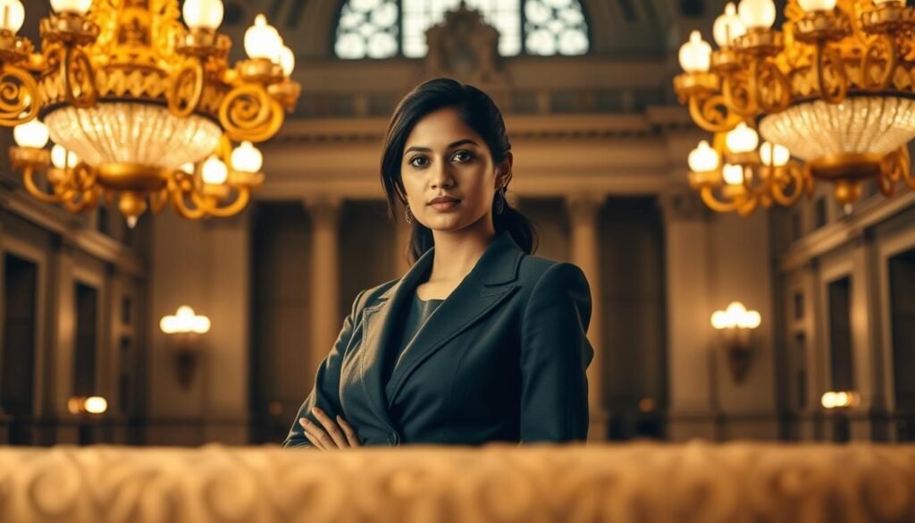 A young woman in a stylish power suit stands confidently, her gaze focused and determined. Behind her, the grand halls of a historic government building loom, representing the weight of political legacy. Elegant chandeliers cast a warm, golden light, illuminating her face and creating a sense of dignity and authority. In the foreground, a tactile, textured surface suggests the hard work and challenges of modern leadership. The composition balances the timeless grandeur of the past with the dynamic energy of the present, capturing the essence of Rohini Khadse Khewalkar's journey from political heir to trailblazer.