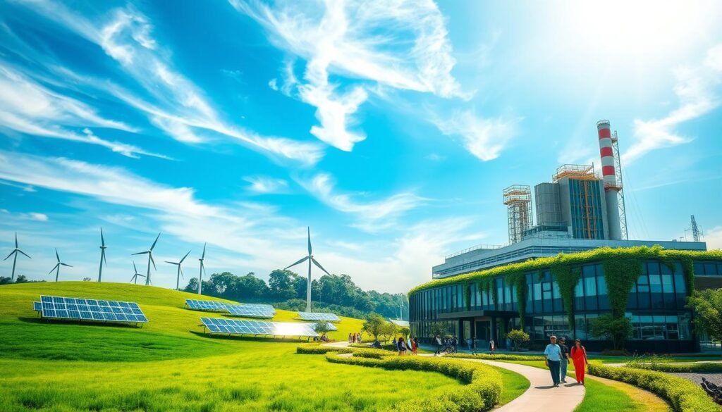 Lush green meadows dotted with solar panels, wind turbines rising against a vibrant blue sky. In the foreground, a modern eco-friendly factory, its facade adorned with cascading greenery. People stroll along a pathway, admiring the harmonious blend of nature and technology. Sunlight filters through wispy clouds, casting a warm, inviting glow over the scene. This is a vision of sustainable business opportunities in India, where innovation and environmental stewardship converge to create a thriving, green economy.