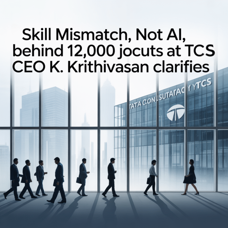 Tata Consultancy Services (TCS) headquarters building with CEO K. Krithivasan speaking on job cuts and skill mismatch