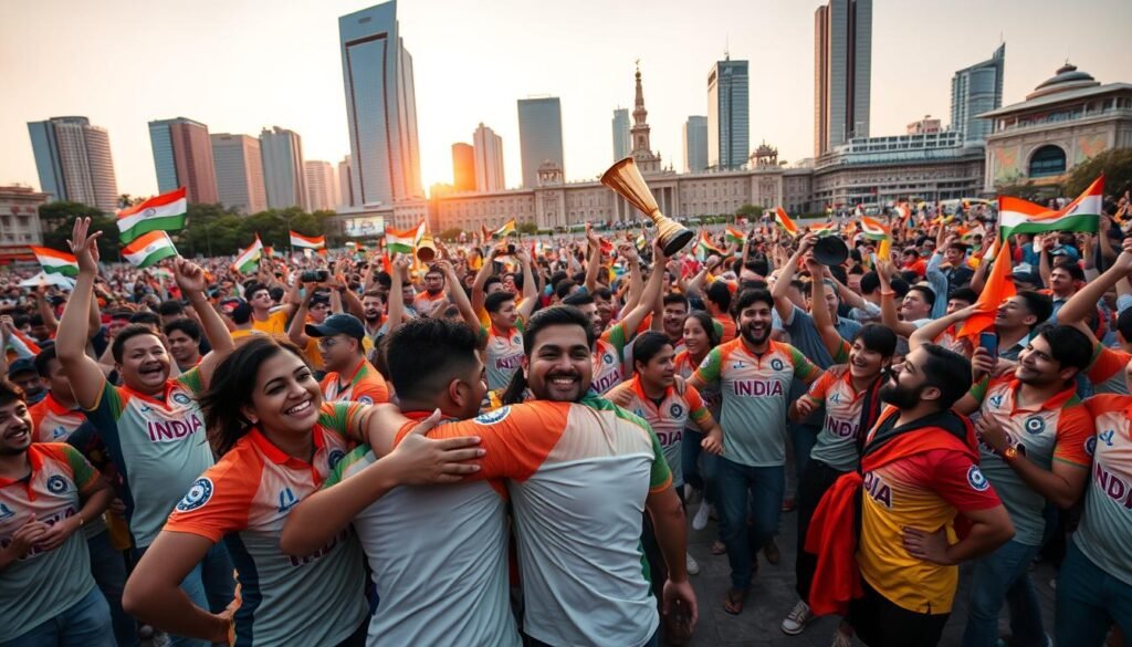 Vibrant celebration erupts in a crowded city square, as ecstatic cricket fans dressed in colorful national jerseys and waving flags leap and cheer, their faces alight with joy and pride. In the foreground, a group of friends embrace, their laughter and exuberance palpable. The middle ground is a sea of jubilant supporters, some hoisting trophies and banners aloft, while others dance to the rhythm of drums and horns. In the background, towering skyscrapers and historic landmarks provide a dynamic urban backdrop, bathed in the warm glow of sunset. The atmosphere is electric, capturing the transformative moment when a nation's underdog victory ignited a boundless, emotional outpouring of national pride and unity.