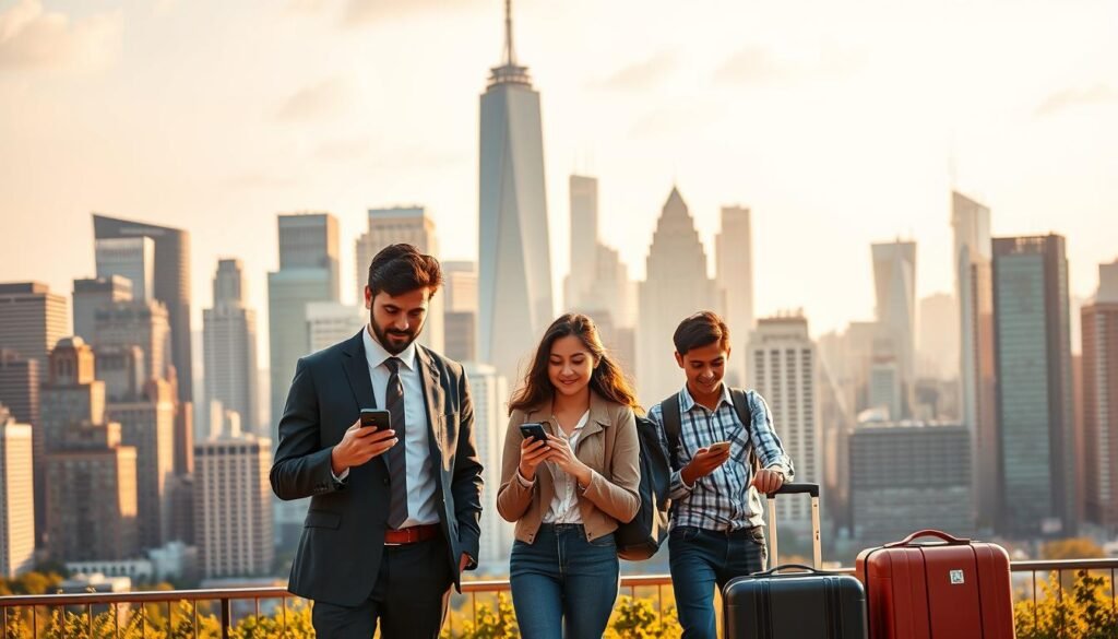 A bustling city skyline with towering skyscrapers in the background, representing the vibrant business opportunities in the United States. In the foreground, a group of diverse professionals - a businessman in a suit, a student with a backpack, and a tourist with a suitcase - all using their smartphones, symbolizing the versatility of a US phone number for work, travel, and study. The scene is bathed in warm, golden lighting, evoking a sense of prosperity and opportunity. The overall composition conveys the appeal of a US phone number for Indians seeking to expand their horizons, whether for career, education, or personal exploration.
