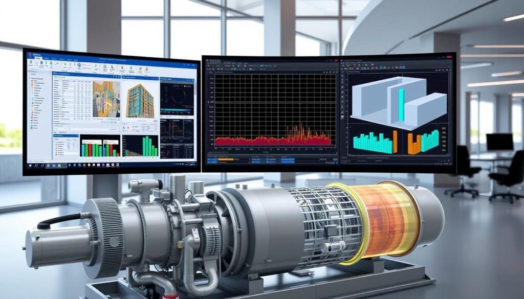 A detailed 3D rendering of a Carrier HAP (Hourly Analysis Program) workflow, showcasing the process from a detailed building model to the final hourly load and energy results. The scene features a large computer monitor displaying the Carrier HAP software interface, with various windows and charts depicting the different stages of the analysis. In the foreground, there is a detailed 3D model of a commercial HVAC system, meticulously rendered with intricate components and realistic materials. The middle ground includes a partially transparent Revit building model, seamlessly integrated with the Carrier HAP interface. The background showcases a clean, modern office environment with large windows providing natural lighting and a sense of depth. The overall atmosphere conveys a professional, technical, and visually engaging depiction of the Carrier HAP workflow.