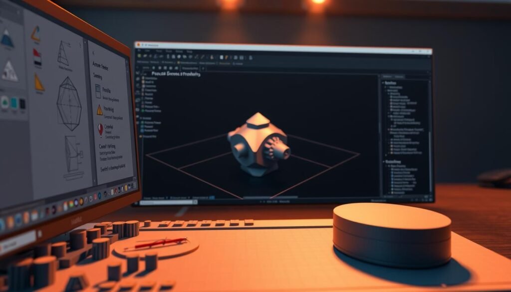 A detailed 3D rendering of the FreeCAD parametric modeling software interface, showcasing its powerful design tools and intuitive user experience. The foreground depicts the main modeling workspace, with various CAD primitives, sketching tools, and customizable parameters prominently displayed. The middle ground features a complex 3D model being manipulated, highlighting FreeCAD's robust parametric capabilities. In the background, a clean, minimalist interface with a dark theme provides a sophisticated ambiance, complementing the technical nature of the software. The scene is illuminated by warm, focused lighting, casting subtle shadows that accentuate the depth and dimensions of the 3D models. The overall mood conveys the precision, flexibility, and creativity inherent in FreeCAD's parametric modeling approach.