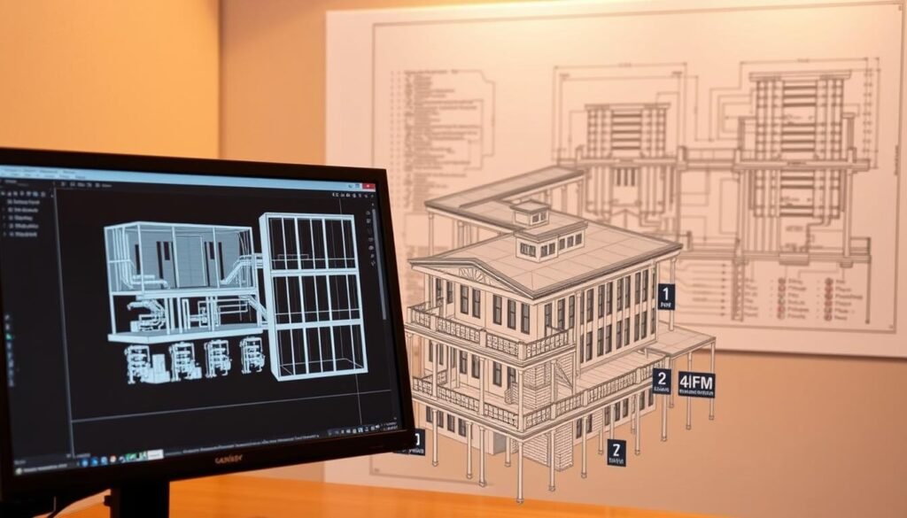 A detailed Revit model setup for accurate gbXML export. In the foreground, a computer screen displays the Revit interface, showcasing the building geometry, material properties, and HVAC system components. In the middle ground, a 3D view of the model highlights the level of detail, with intricate architectural features and precise MEP elements. The background features a technical drawing or schematic, providing context for the Revit model and its purpose in HVAC load calculations. Warm, neutral lighting creates a professional, technical atmosphere, emphasizing the precision and importance of the Revit model setup for the gbXML export and Carrier HAP integration.