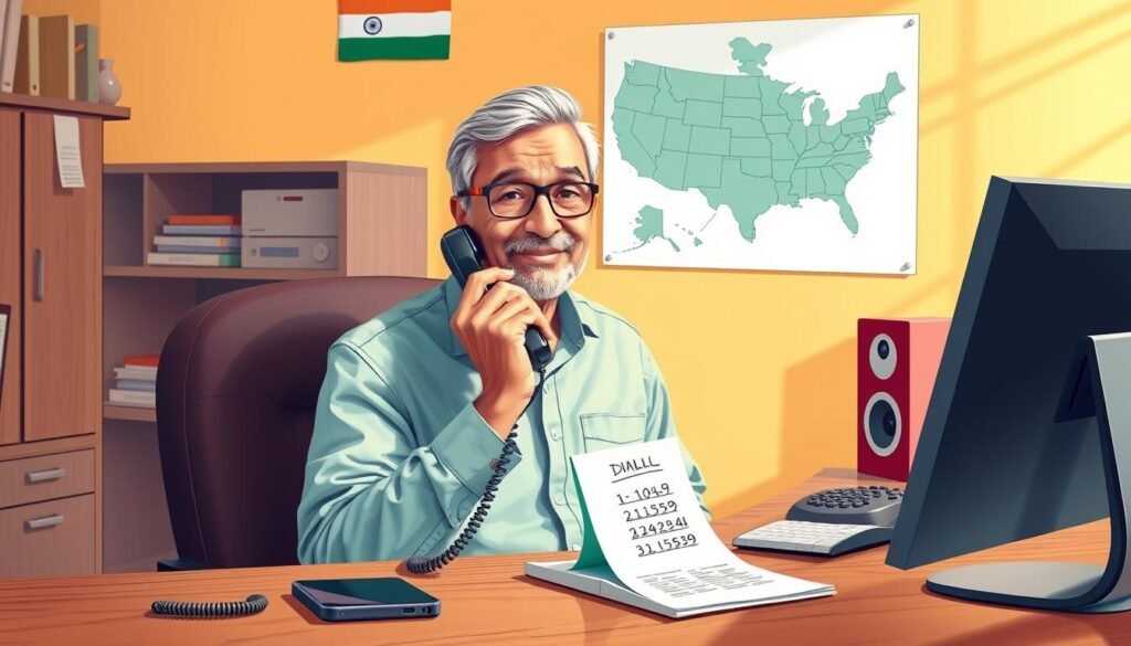 A detailed illustration showcasing the basics of making calls from India to the United States. A middle-aged person sitting at a desk, holding a landline phone. The desk has a computer, smartphone, and notepad with dialing instructions. The wall behind has a map of the US and India connected by a phone line. Warm, natural lighting illuminates the scene, creating a cozy, informative atmosphere. The focus is on the dialing process, with attention to clarity and practical details for the reader.
