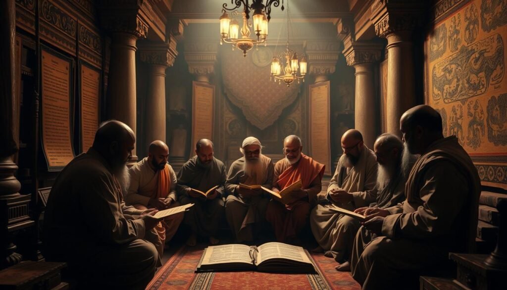 A dimly lit room filled with ancient scrolls and stone tablets, casting a warm, sepia-toned glow. In the center, a group of scholars in traditional robes pore over ancient texts, discussing the historical significance of Panchakarma, an ancient Ayurvedic practice. The scene is framed by intricate architectural details, carved columns, and ornate tapestries, hinting at the rich cultural heritage of this holistic healing modality. Soft, directional lighting illuminates the scholars' faces, conveying a sense of reverence and contemplation as they unravel the wisdom of the ages.