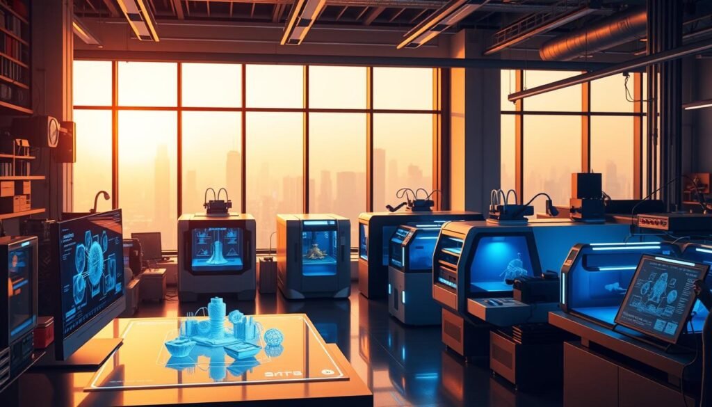 A futuristic workshop filled with cutting-edge CAD tools in 2025. In the foreground, a sleek, holographic computer interface displays intricate 3D models, manipulated by the designer's gestures. Futuristic 3D printers and CNC machines line the middle ground, their glowing panels and whirring mechanisms suggesting advanced fabrication capabilities. The background is bathed in a warm, ambient light from large windows, offering a panoramic view of a gleaming, high-tech cityscape. The overall atmosphere conveys a sense of innovation, efficiency, and the seamless integration of technology into the designer's workflow.