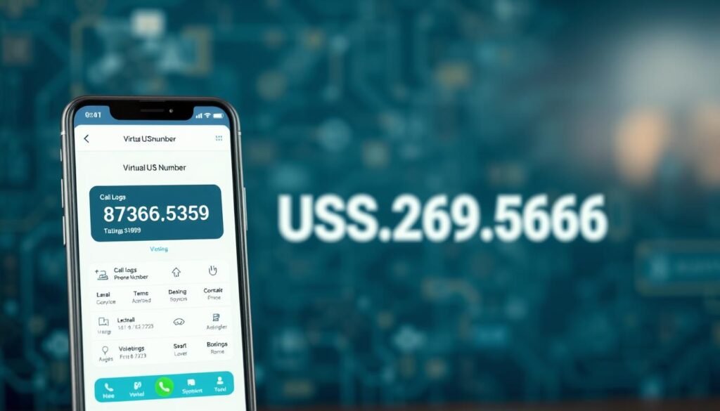 A high-resolution, detailed, and realistic image of a virtual US phone number interface. The foreground depicts a modern, intuitive mobile app or web platform displaying the user's virtual US phone number, along with various features and functionality such as call logs, voicemail, and settings. The middle ground showcases the phone number itself in a prominent, legible font against a clean, minimalist background. The background blurs out to suggest a sense of digital space and connectivity, with subtle hints of technology-inspired elements like circuit boards or data visualizations. The overall tone is professional, polished, and conveys a sense of utility and reliability for accessing a virtual US phone number from abroad.