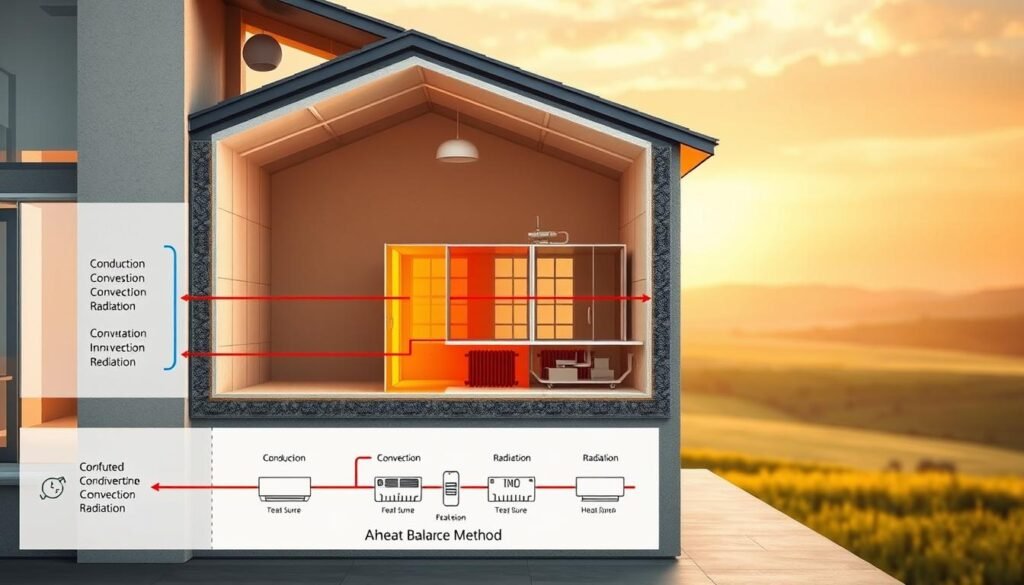 A high-resolution, photorealistic illustration of the ASHRAE Heat Balance Method, depicting a detailed cross-section of a building's interior. The foreground shows a schematic diagram highlighting the key heat transfer processes, including conduction, convection, and radiation, with clear labels and annotations. The middle ground features a three-dimensional, cutaway view of the building's envelope, showcasing the insulation, windows, and HVAC system components. In the background, a soft, blurred landscape provides context, with a warm, golden lighting scheme to convey a sense of comfort and efficiency. The overall composition is designed to clearly communicate the fundamental thermodynamic principles underlying the Heat Balance Method, suitable for use in an HVAC load calculation article.