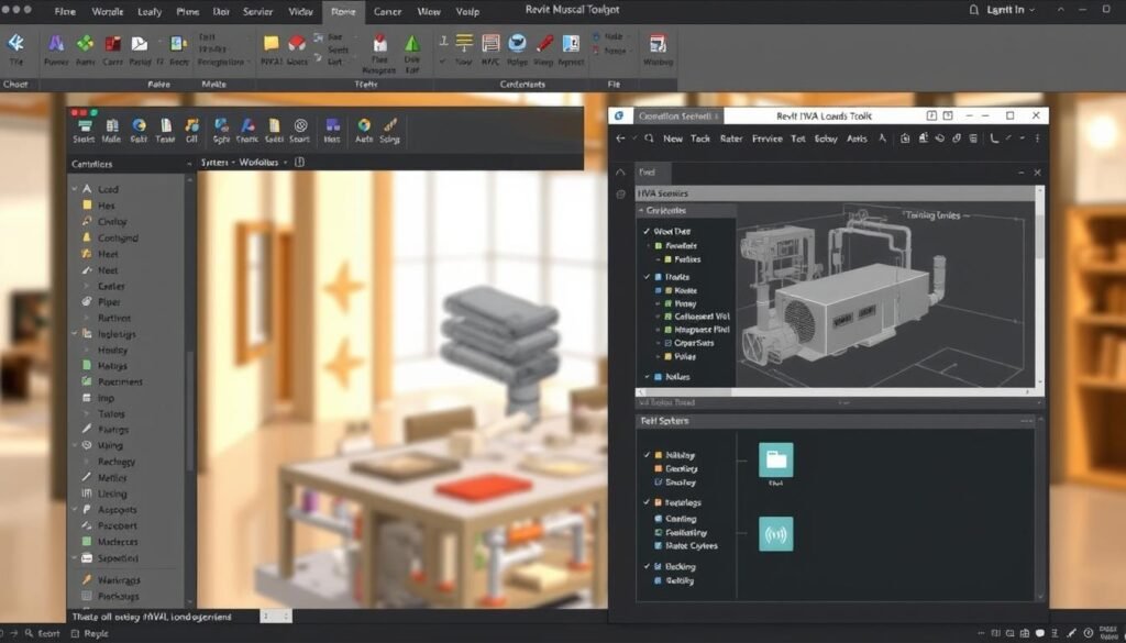 A highly detailed, photorealistic rendering of the Revit HVAC Loads Toolkit interface. The foreground showcases the toolkit's main modules and tools, with clear icons and intuitive UI elements. The middle ground depicts a 3D model of a building's HVAC system, with pipes, ducts, and equipment visible. The background features a blurred, architectural interior scene, suggesting the toolkit's integration with the Revit environment. The lighting is natural, with warm tones emphasizing the toolkit's functionality. The camera angle is slightly elevated, providing an overview of the toolkit's workflow and capabilities.