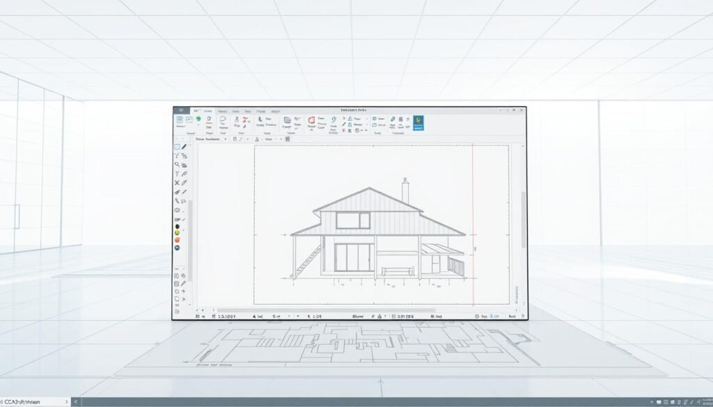 A modern and sleek 2D CAD software interface, showcasing the powerful drafting capabilities of LibreCAD. The foreground depicts a clean, minimalist user interface with a large central drawing canvas, surrounded by various intuitive tool palettes and menus. The middle ground features a detailed 2D blueprint of a simple architectural plan, with precise lines, dimensions, and annotations. The background is set in a bright, airy environment, with subtle grid patterns and a sense of depth, highlighting the software's precision and technical nature. The lighting is natural and balanced, creating a professional and inviting atmosphere. The camera angle is slightly elevated, providing a comprehensive view of the software's core functionality for 2D drafting.