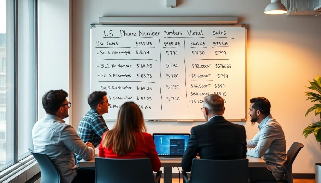 A modern office setting with a large whiteboard in the background, displaying various US phone number types and their use cases. In the foreground, a group of professionals seated around a conference table, engaged in a lively discussion. Warm, natural lighting illuminates the scene, creating a productive and collaborative atmosphere. The middle ground features a laptop or tablet displaying additional information about the different number types. The overall composition conveys the idea of carefully evaluating and selecting the appropriate US phone number solution for a specific business or personal use case.