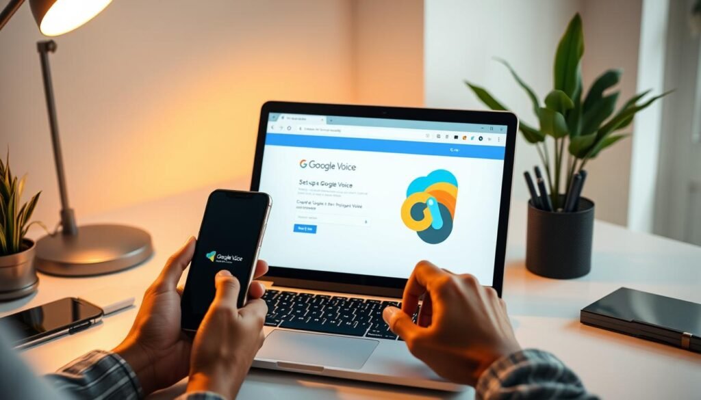 A modern office setup with a laptop, smartphone, and desk accessories. The laptop screen displays the Google Voice homepage, with the user navigating the interface to set up a US phone number. Soft, warm lighting illuminates the scene, creating a focused, productive atmosphere. The user's hands are visible, interacting with the devices, symbolizing the step-by-step process of configuring the Google Voice service. The background features a clean, minimalist design with hints of greenery, conveying a sense of efficiency and technology integration.