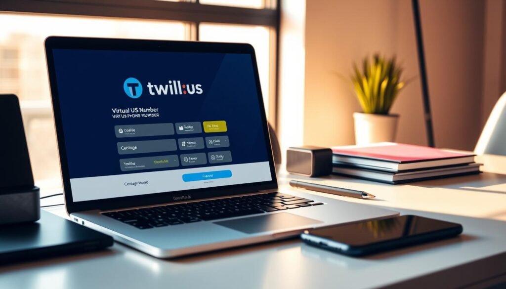 A modern, sleek office setting with a laptop, smartphone, and various business accessories on a minimalist desk. The laptop screen displays a virtual US phone number interface, showcasing the Twilio logo and a range of customization options. The scene is bathed in warm, directional lighting, creating a professional and productive atmosphere. The overall composition emphasizes the ease and convenience of obtaining a virtual US phone number for business purposes, reflecting the section title.