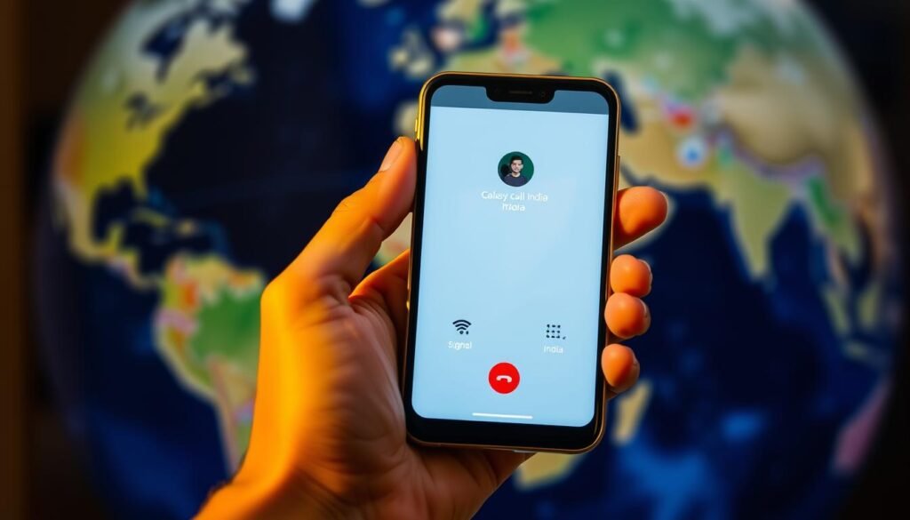 A modern smartphone held in a hand, displaying the Rebtel app interface against a blurred background of a globe and international calling symbols. The screen shows a user making a call, with clean UI elements and indicators of signal strength and call duration. The scene is lit by a soft, warm lighting creating a sense of ease and connectivity. The composition emphasizes the Rebtel app as a seamless tool for stable, high-quality international calling from India to the United States.