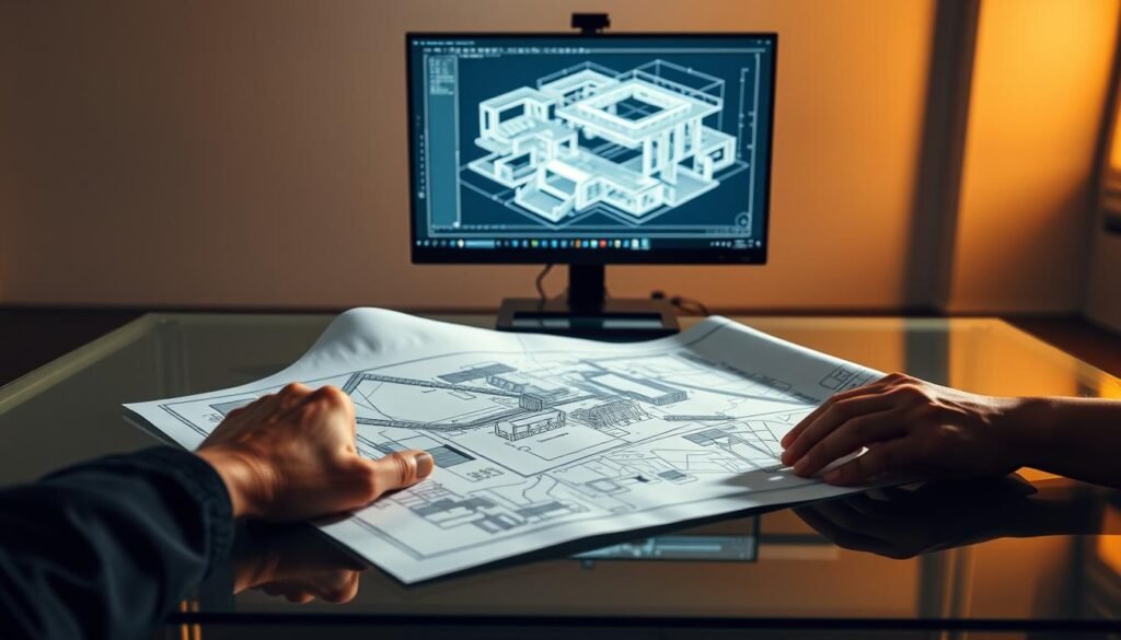 A professional architectural blueprint sprawled across a glass-topped desk, casting sharp shadows under a warm, directional lighting. In the foreground, a pair of hands intricately manipulating a CAD interface, navigating a 3D model with precision. In the middle ground, a computer monitor displays the detailed design, its lines and shapes forming the blueprint of a complex structure. The background is a minimalist, monochromatic office space, conveying the analytical nature of computer-aided design. The overall scene evokes a sense of focus, problem-solving, and the importance of CAD software in the design process.