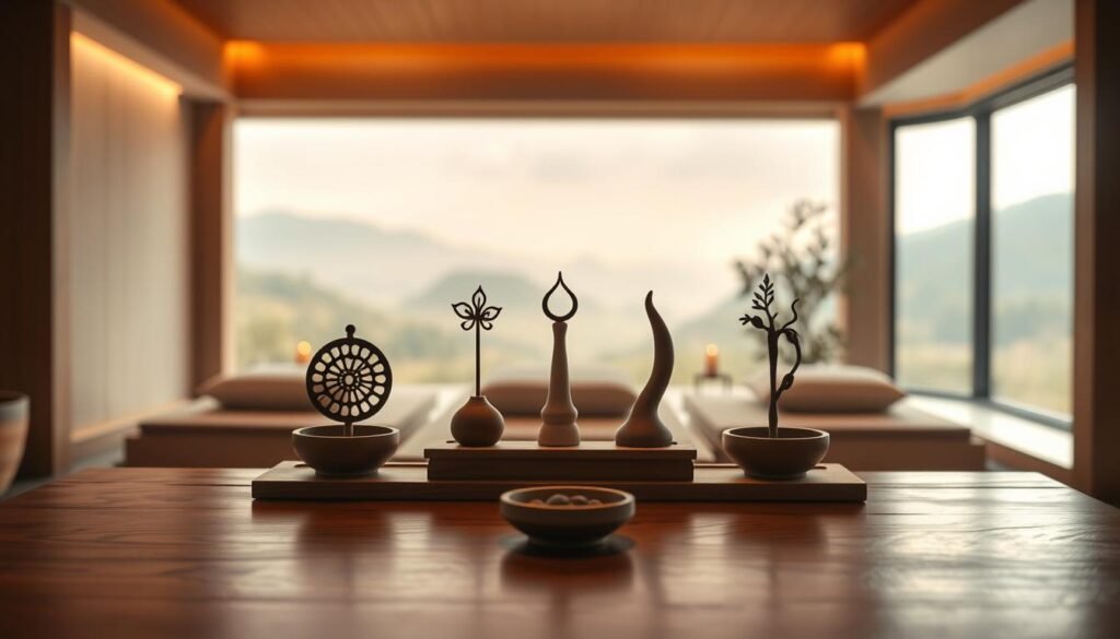 A serene Ayurvedic spa setting with a centered arrangement of five iconic symbols representing the five actions of Panchakarma - Vamana (emesis), Virechana (purgation), Basti (enema), Nasya (nasal administration), and Raktamokshana (bloodletting). The scene is bathed in warm, diffused lighting, creating a calming, introspective atmosphere. In the foreground, a simple wooden table holds these five symbolic items, each crafted with care and attention to detail. The middle ground features a tranquil, minimalist interior with soft, earthy tones, hinting at the holistic, restorative nature of the Panchakarma practice. The background showcases a serene, nature-inspired landscape, suggesting the deep connection between the Ayurvedic tradition and the natural world.