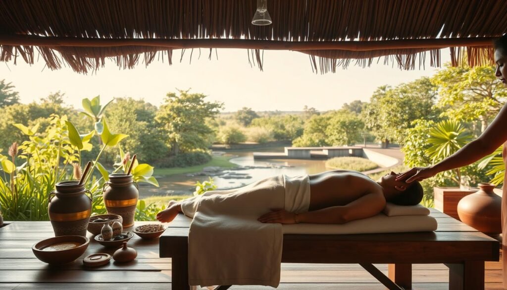 A serene, atmospheric scene depicting the five stages of the traditional Ayurvedic Panchakarma detoxification therapy. In the foreground, a patient lies on a wooden table, being gently massaged with warm oils by a skilled practitioner. The middle ground showcases various Ayurvedic herbs, pots, and implements used in the purification rituals. In the background, a tranquil garden setting with lush foliage, a flowing stream, and a clear sky create a calming, rejuvenating ambiance. The lighting is soft and natural, capturing the essence of the holistic, restorative Panchakarma process. The overall composition conveys a sense of balance, harmony, and the deep cleansing of body, mind, and spirit.