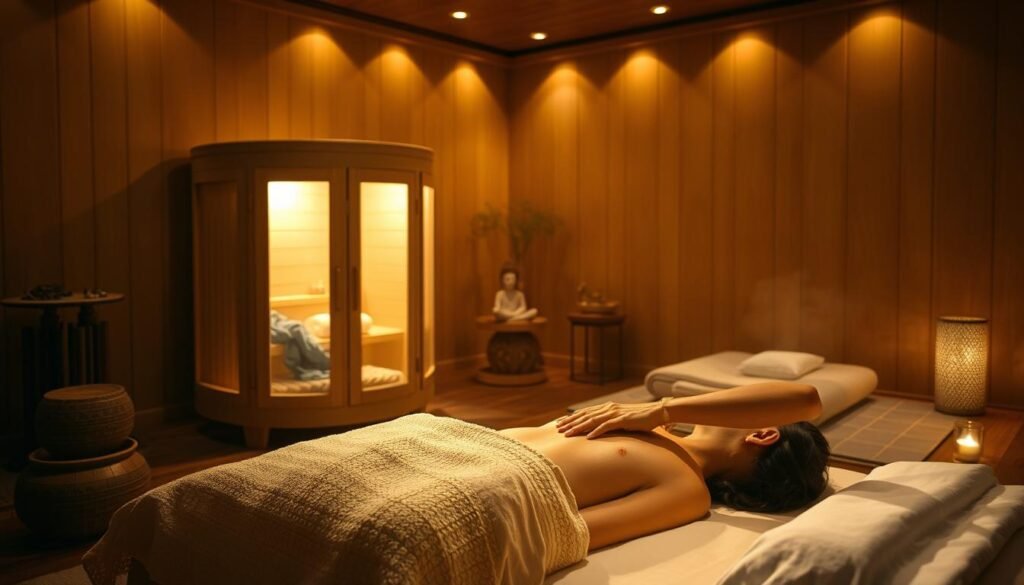 A serene, dimly lit room with warm, golden lighting showcasing the intricate techniques of Panchakarma therapy. In the foreground, a skilled practitioner gently massages the patient's body using traditional Ayurvedic oils and techniques. In the middle ground, a soothing steam cabinet emits fragrant herbal vapors, while in the background, a tranquil meditation area sets the calming atmosphere. The scene captures the holistic, rejuvenating essence of this ancient Indian healing practice.
