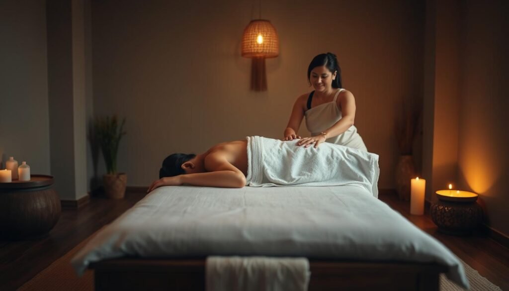 A serene, dimly lit spa room with a wooden massage table at the center. On the table, a person lies face-down, draped in a soft white towel, as a Ayurvedic practitioner performs a flowing, rhythmic Panchakarma massage using warm, aromatic oils. The practitioner's hands move with precision and grace, applying gentle pressure to the person's back and limbs. The room is filled with the calming scent of herbs and the soothing sounds of distant chimes. Soft, diffused lighting casts a warm, meditative glow, creating an atmosphere of deep relaxation and rejuvenation. The scene evokes a sense of tranquility, balance, and the ancient healing traditions of Ayurveda.
