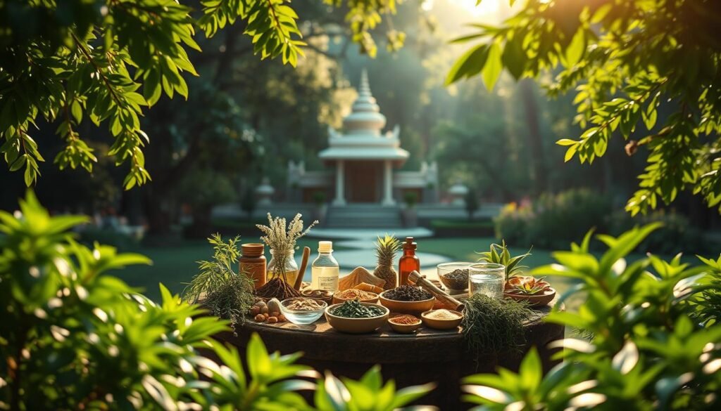 A serene, sun-dappled landscape with lush, verdant foliage in the foreground. In the middle ground, a harmonious arrangement of Ayurvedic herbs, spices, and natural remedies, radiating a sense of balance and wellness. In the background, a tranquil temple or meditation space, bathed in warm, diffused lighting that evokes a sense of inner peace and rejuvenation. The overall atmosphere is one of holistic healing, with a soft, dreamlike quality that captures the essence of Panchakarma therapy and its profound health benefits.