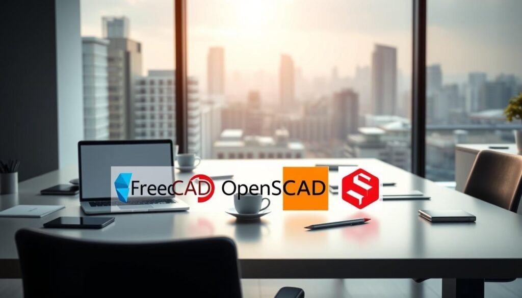 A sleek, modern office setting with a minimalistic desk, featuring a laptop, a cup of coffee, and a variety of office supplies. In the background, a large window overlooking a cityscape, bathed in soft, natural lighting. On the desk, several open-source CAD software logos are prominently displayed, including FreeCAD, OpenSCAD, and SketchUp, representing the top free CAD tools for designers. The scene conveys a sense of productivity, innovation, and the accessibility of high-quality design tools in the digital age.