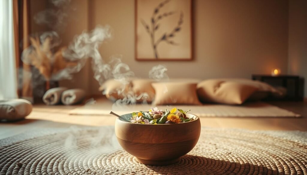A tranquil ayurvedic spa setting, bathed in warm, diffused lighting. In the foreground, a wooden bowl filled with fragrant herbs and flowers, steam gently rising. In the middle ground, a woven mat on the floor, accented with plush, earthy-toned pillows. Behind, a soothing, neutral-toned wall adorned with a simple, abstract artwork. The atmosphere is calming, restorative, and invites a sense of grounding and introspection. The overall scene evokes the essence of Ayurvedic detoxification, a holistic practice focused on cleansing the body, mind, and spirit.