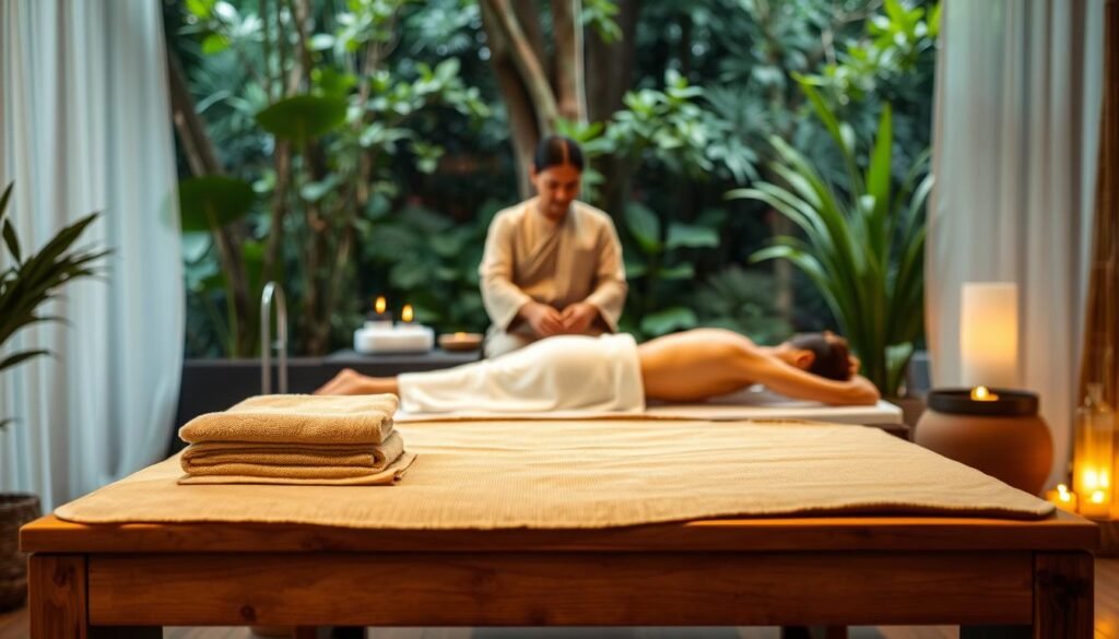 A tranquil spa-like setting with a wooden massage table in the foreground, adorned with plush towels and natural fibers. In the middle ground, an Ayurvedic practitioner dressed in traditional attire performs a gentle Panchakarma therapy, applying warm oils and herbs to the client's body. The background features lush greenery, soothing lighting, and the faint aroma of incense, creating a serene and calming atmosphere. The overall scene conveys the holistic and restorative nature of the Panchakarma practice.
