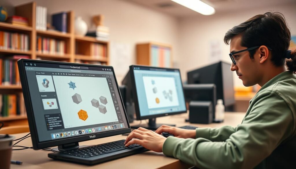 A vibrant, immersive scene depicting Tinkercad, a beginner-friendly CAD software tool. In the foreground, a user-friendly interface showcases intuitive 3D modeling tools, with simple shapes and customizable components. In the middle ground, a student works intently on a desktop computer, exploring the software's capabilities. The background features an educational setting, with shelves of books and learning materials, conveying a sense of a welcoming, supportive environment for novice designers. Soft, diffused lighting casts a warm, inviting glow, and the camera angle provides a clean, unobstructed view of the software in action, highlighting its accessibility and ease of use.